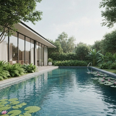 Eco-friendly swimming pool with lush green plants and clear blue water, focus on tranquility