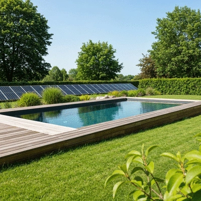 Piscine en bois intégrée dans un jardin verdoyant avec des panneaux solaires en arrière-plan