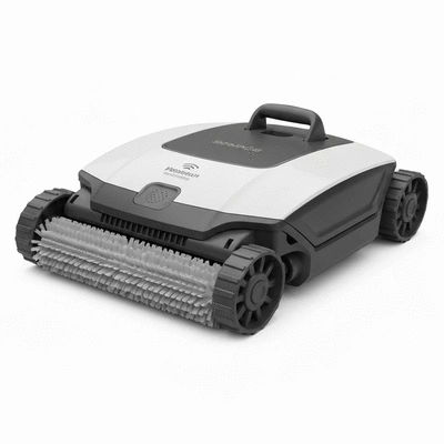 Detailed shot of a robotic pool cleaner's advanced brushes and sensors, on a clean background, no text, no words, no typography, no labels, clean image