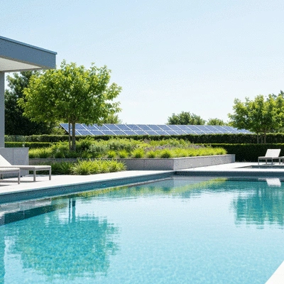 Eco-friendly pool with solar panels and lush greenery