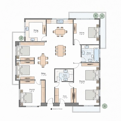 Architectural drawing or blueprint of a house with modular panels highlighted, on a desk with design tools