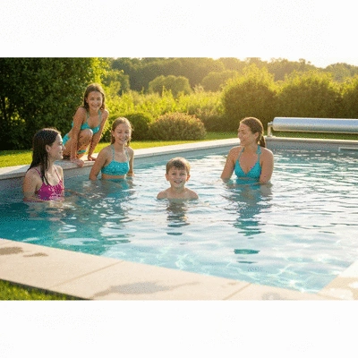 Family enjoying a modern, energy-efficient swimming pool, clear water, warm sunlight