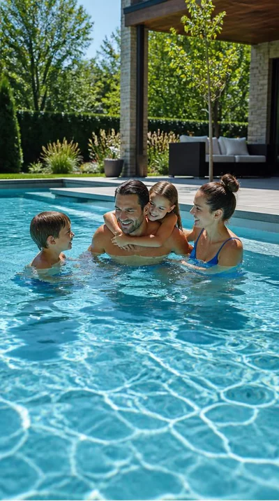 Family enjoying a newly built swimming pool in a modern backyard