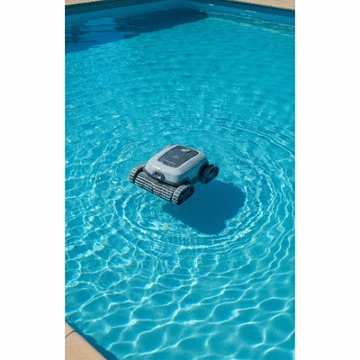 Robot nettoyeur de piscine en action au fond d'une piscine bleue et propre, environnement ensoleillé.