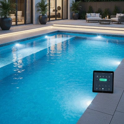 Modern renovated swimming pool with clear water and elegant lighting