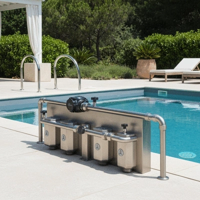 Modern pool filtration system installed in a clean, outdoor setting in Hyères, France