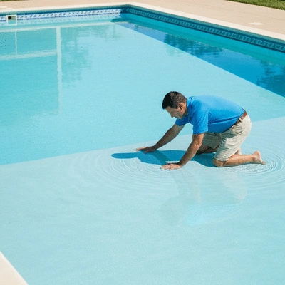 Person inspecting a swimming pool for leaks and micro-cracks before renovation