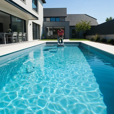 Personne nettoyant une piscine coque avec un robot automatique, eau claire et propre