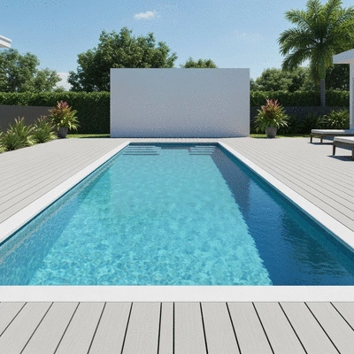 Modern renovated swimming pool with clear blue water and new decking
