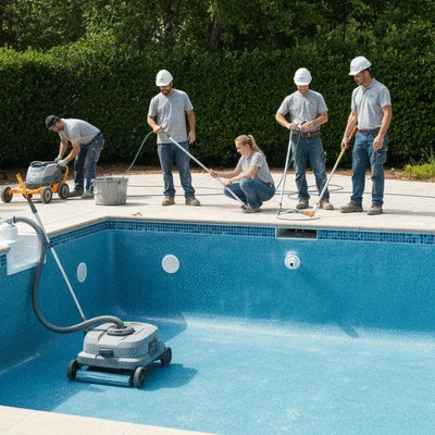 Professional swimming pool renovation team working on a pool, demonstrating quality and warranty
