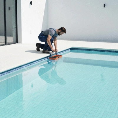 Expert inspecting a swimming pool for leaks with a professional toolkit, bright and clean environment, no text, no words, no typography, clean image, 8K