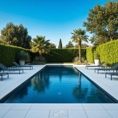 Modern swimming pool in Hyères with clear blue water and sunny landscape, no text, no words, no typography, clean image