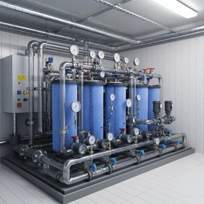 Modern swimming pool filtration system in a clean technical room, with clear pipes and gauges, no text, no words, no typography, clean image, 8K