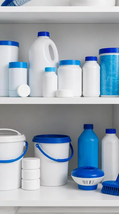 Bouteilles de produits chimiques pour piscine alignées sur une étagère