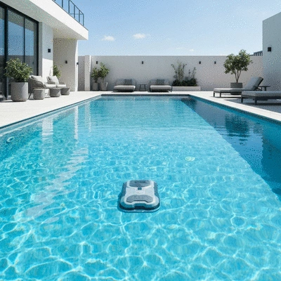 Modern pool with automatic cleaning robot in action, clear blue water