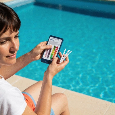 Person using a swimming pool water testing kit with a clear blue pool in the background