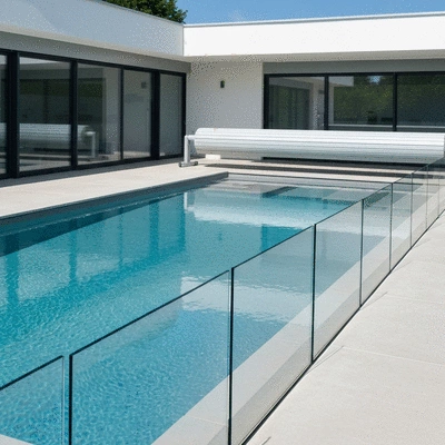 Modern swimming pool with safety barrier and cover